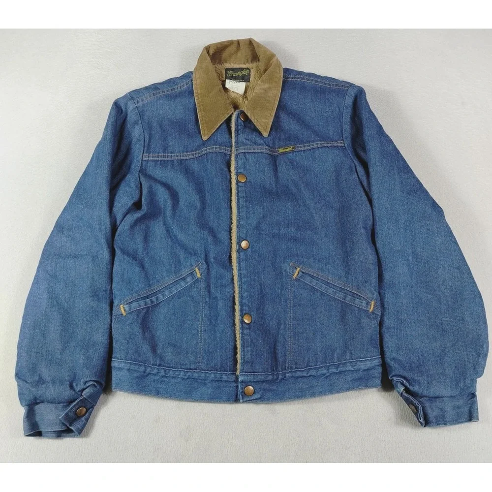 Vintage Wrangler Jacket Mens 38 Blue Denim Sherpa Lined Bomber Western 80s Rodeo